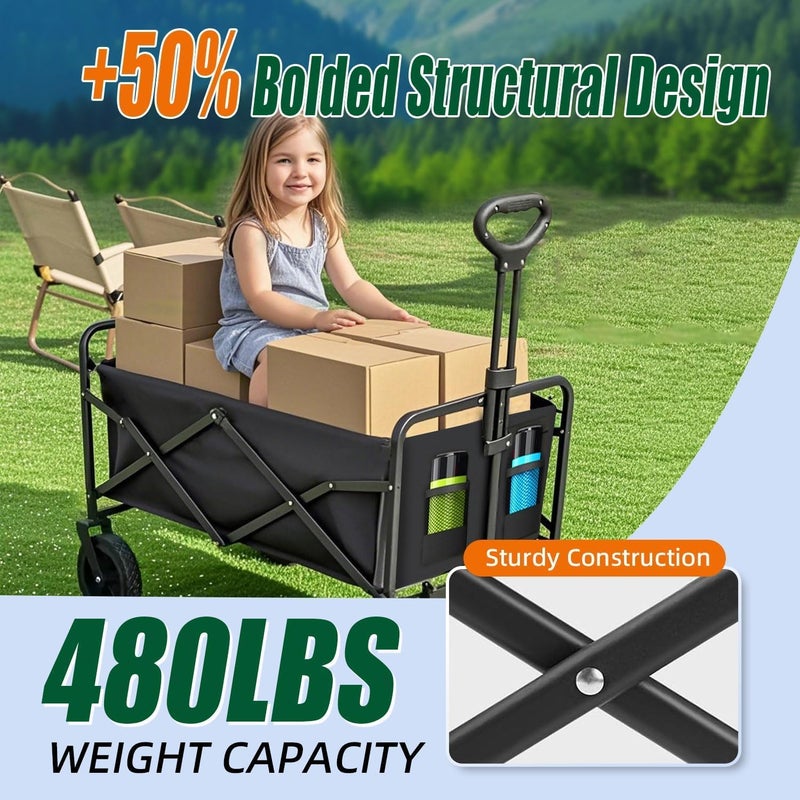 Eworld Collapsible Wagon Cart Foldable 37 Inch – 480lbs Heavy Duty Beach & Shopping Wagon with Wheels, Large 200L Capacity, Adjustable Handle & Detachable Waterproof Fabric - Image 4